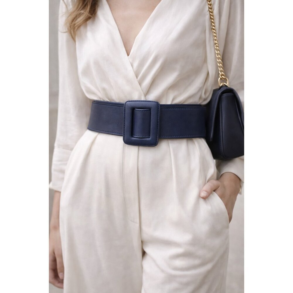 ZAPA Wide Navy Blue Leather Belt Size S Square Buckle 100% Calfskin France